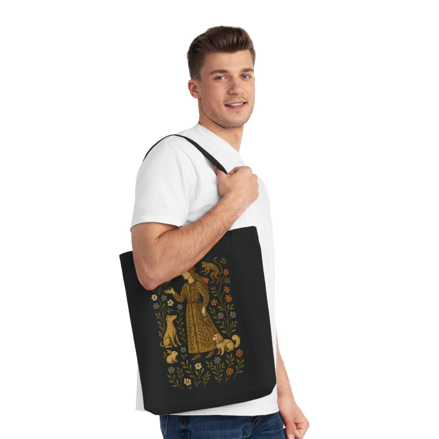 Lady of the Grove, Bohemian Floral Woven Tote Bag