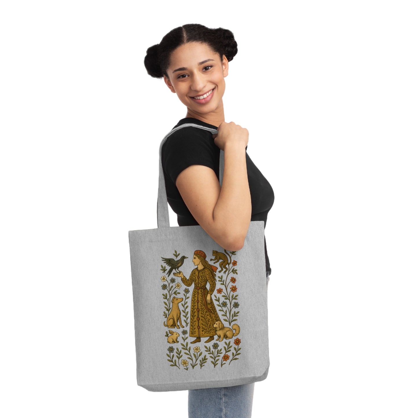 Lady of the Grove, Bohemian Floral Woven Tote Bag