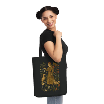 Lady of the Grove, Bohemian Floral Woven Tote Bag