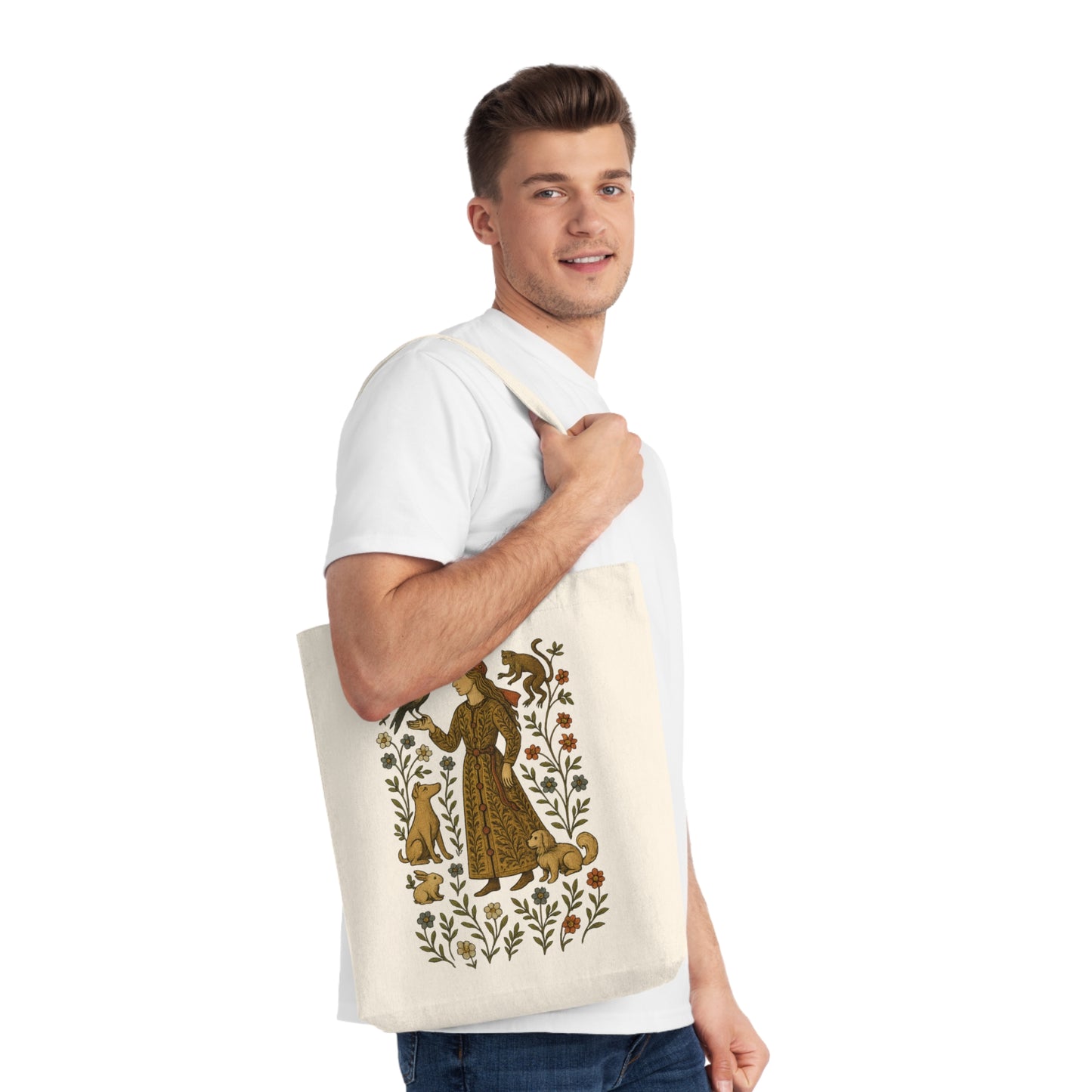 Lady of the Grove, Bohemian Floral Woven Tote Bag