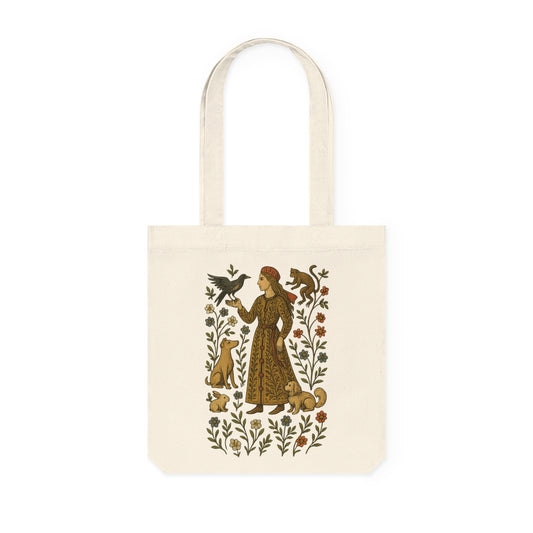 Lady of the Grove, Bohemian Floral Woven Tote Bag