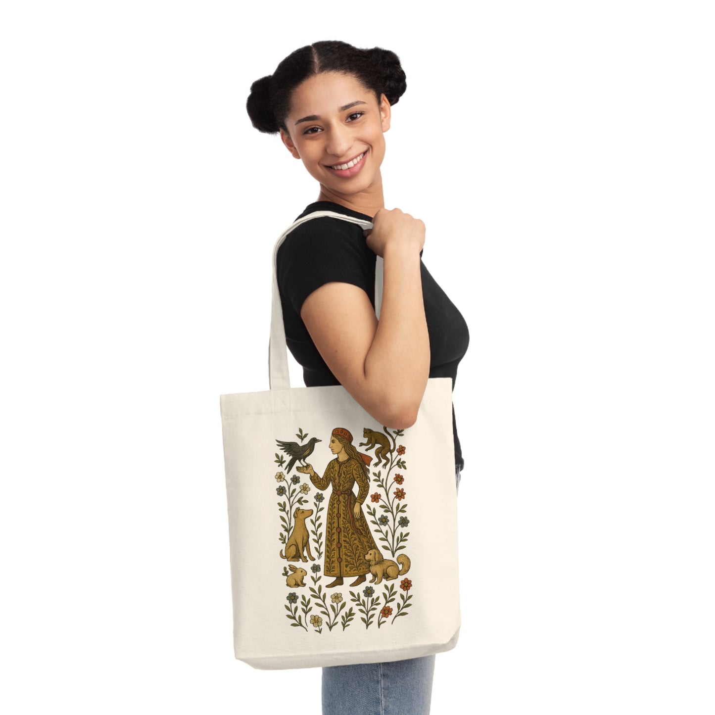 Lady of the Grove, Bohemian Floral Woven Tote Bag