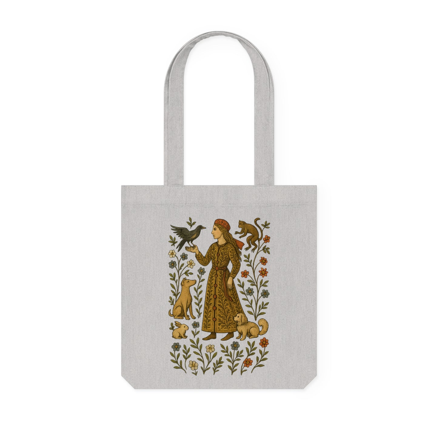 Lady of the Grove, Bohemian Floral Woven Tote Bag